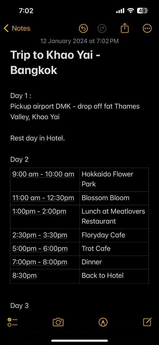 wawadaneally's tweet photo. Ini itinerary I during my holiday in Thailand. 

Alhamdulillah, timing memang semua tepat ikut schedule I. Fyi, satu tempat ke satu tempat yg lain kt Khao Yai tu agak jauh , ambik masa 30 minit. 

Korang boleh refer this if you nak pergi Khao Yai. Worth it walaupun jauh ♥️ https://t.co/bly6Q6zG4J