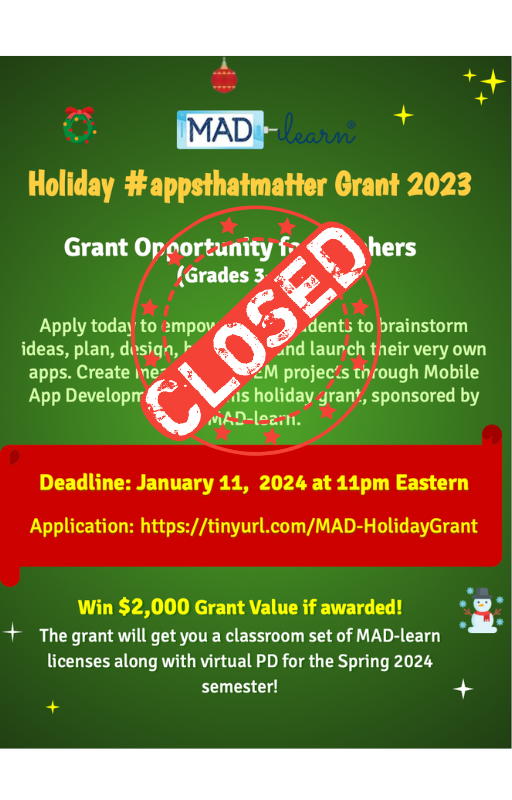 MADLearn's tweet photo. Applications are now closed for @MADLearn's Holiday #appsthatmatter Grant. Our board of directors will thoroughly review all submitted applications and select the winners. THANK YOU to everyone who applied and GOOD LUCK to you all!
#TEACHers #educators #grant #appdevelopment https://t.co/fJ93EjRy7Z