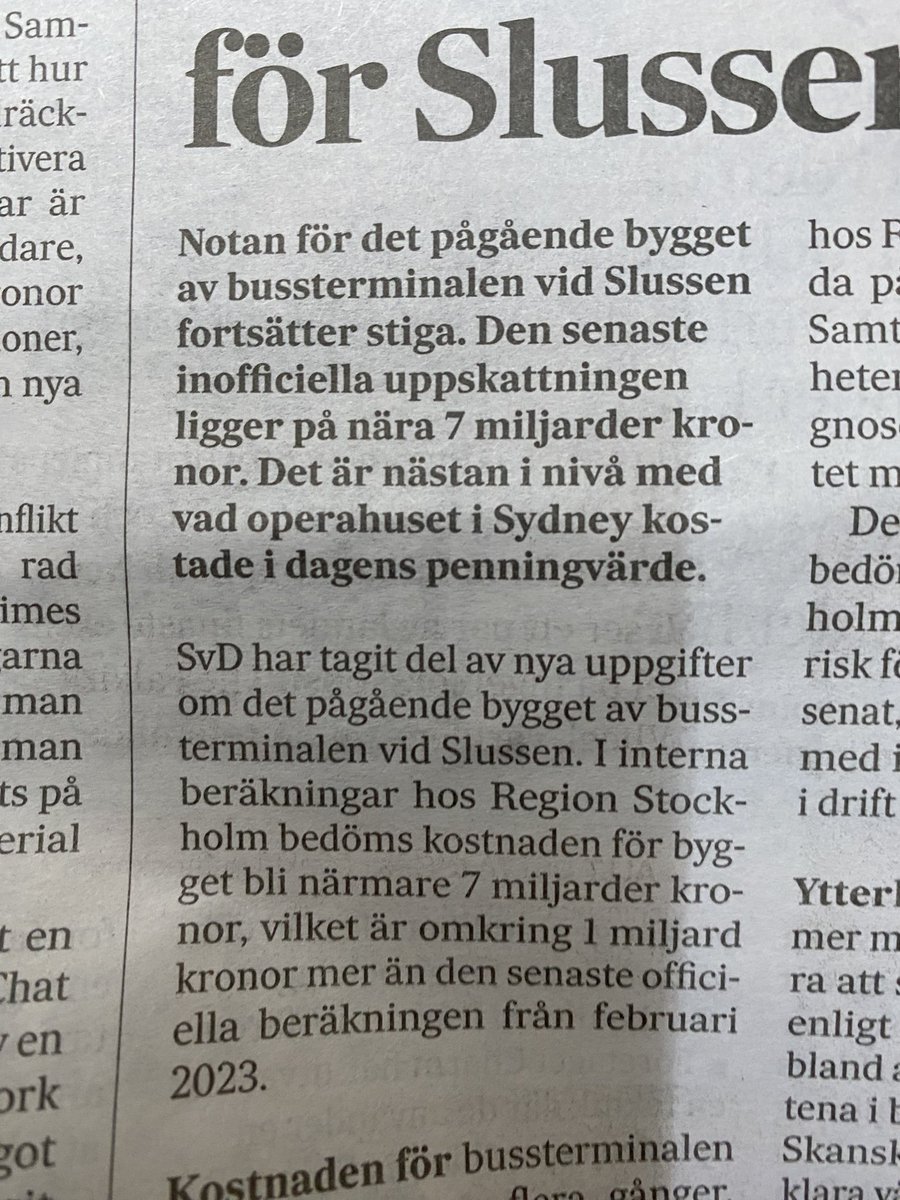 Jisses! Bygget av en bussterminal vid Slussen blir i samma prisklass som Operahuset i Sydney. Vågar inte ens tänka på vad hela Slussenprojektet går loss på.