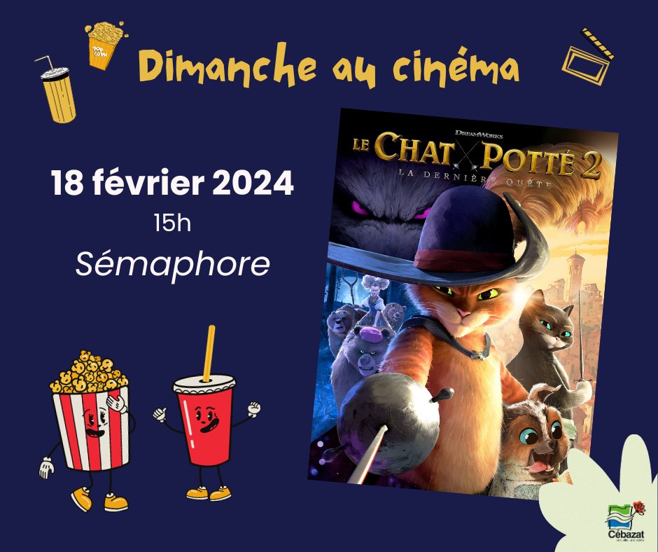 Cébazat fait son cinéma !

« Un dimanche au cinéma », est de retour ! Il s’agit d’un ciné-goûter pour les enfants dès 6 ans. 🥳

Cette projection s’inscrit dans le cadre de la programmation C’junior, à savoir des rendez-vous culturels, gratuits, pour les enfants. 🙀