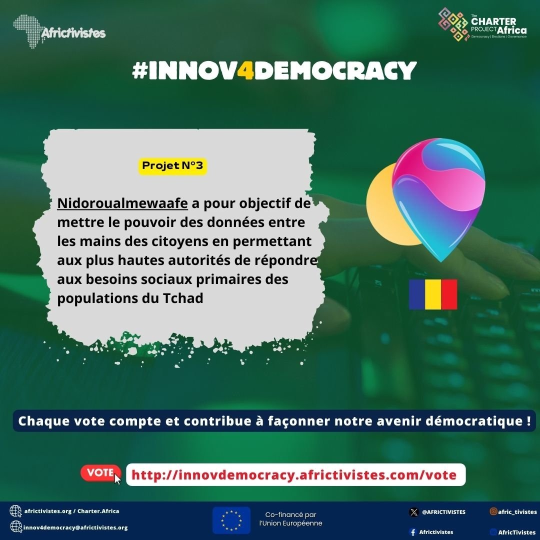 AFRICTIVISTES's tweet photo. #Innov4Democracy 

@NIDOROUALME met le pouvoir des données entre les mains des citoyens pour faciliter leur participation. Les concepteurs à la base de ce projet veulent permettre aux plus hautes autorités de répondre aux besoins exprimés par les populations afin de trouver des solutions aux besoins sociaux primaires des populations du #Tchad.

Chaque vote compte et contribue à façonner notre avenir démocratique !

Comment participer ⬇️

1. Rendez-vous sur 👉 https://t.co/I5s3vcZu70

2. Choisissez votre préférence parmi les innovations présélectionnées

3. Validez votre choix en cliquant sur "Voter" 

#CharterAfrica @charter_africa #DGTrends #Tchad #adjib