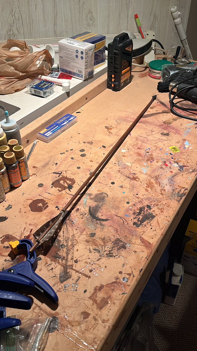 IronWingArmory's tweet photo. Hello again.
Trying something out today while we wait for Gae Bolg . I’m not much of a fletcher, but this arrow should fly.
Probably.
#archery #bowyer #arrowmaking #DIY #satisfying https://t.co/GgJysB07wZ