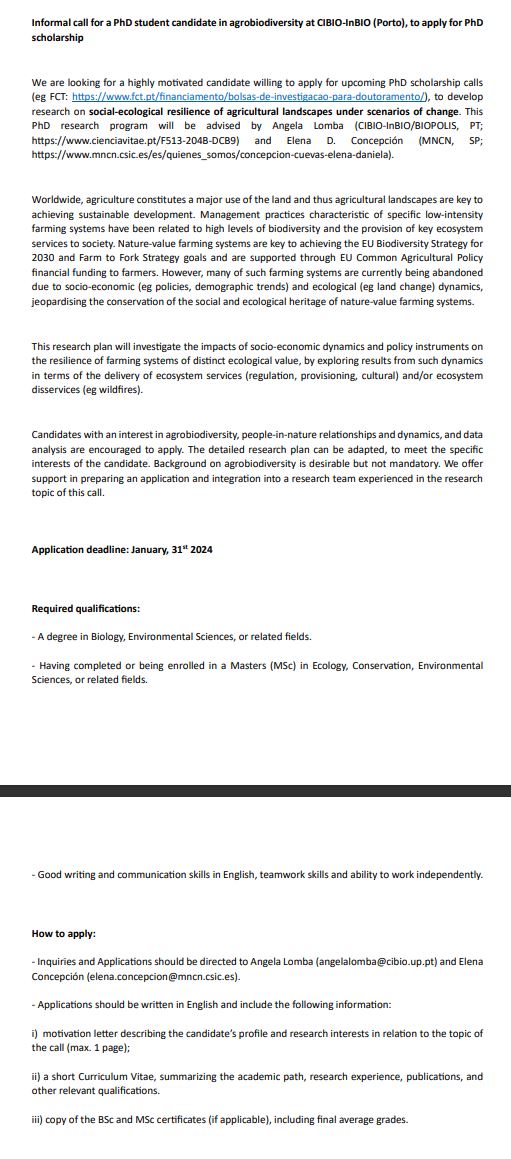 Are you motivated to pursue a PhD on social-ecological resilience of agricultural landscapes under scenarios of change?

Apply to join us 😉 <a href="/CIBIO_InBIO/">BIOPOLIS-CIBIO</a> <a href="/EleD_Concepcion/">Elena D Concepción</a> 

Details below 👇; Deadline: 31st January 2024