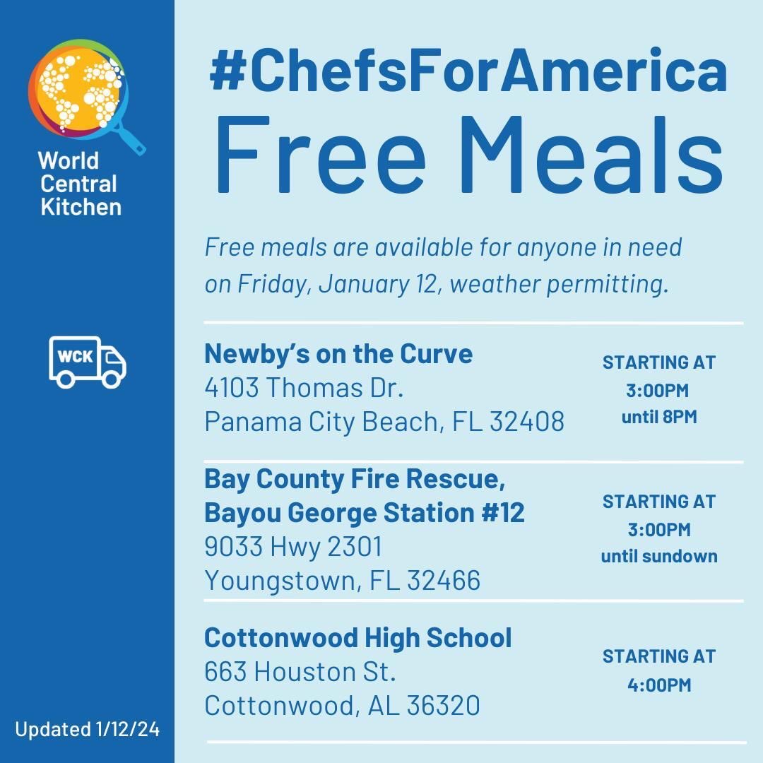 WCKitchen's tweet image. Weather permitting, our Relief Team will have free meals available today at the following locations in Florida and Alabama for people impacted by the recent storms. Please share with anyone in the area in need of support. #ChefsForAmerica