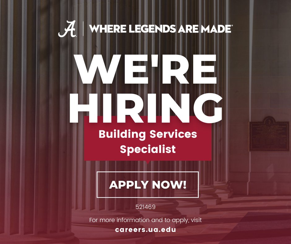 Join Our Team! The Building Services Specialist performs a wide variety of manual and technical duties.

For more information and to apply:
bit.ly/UAJobs521469

#UAJobs #rolltide #UA #NowHiring #Work4UA #jobs4vets