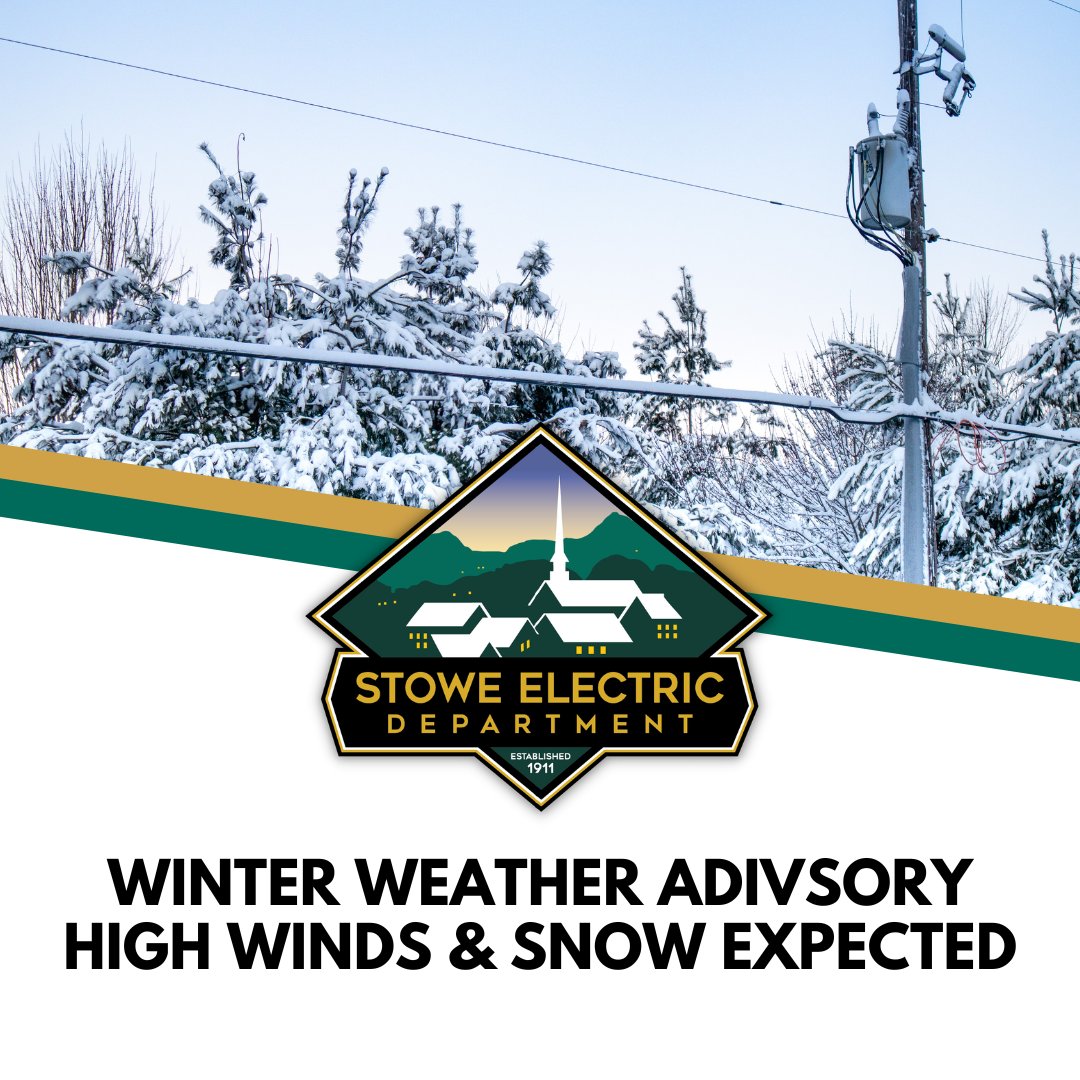 StoweElectric's tweet photo. ANOTHER significant winter storm is headed our way overnight tonight into tomorrow morning. Expect snow and heavy winds with power outages likely in the area. Learn more at https://t.co/cn9V6NPxlQ Report power outages online at https://t.co/jhABvFxOrH or call 802-253-7215. https://t.co/fFF7OtAacP