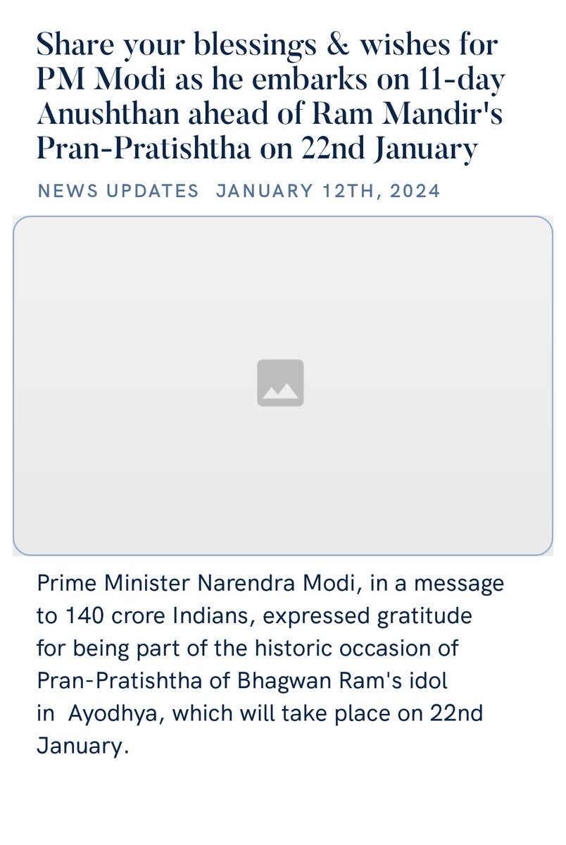 Share your blessings &amp; wishes for PM Modi as he embarks on 11-day Anushthan ahead of Ram Mandir's Pran-Pratishtha on 22nd January
nm-4.com/00IBlG via NaMo App