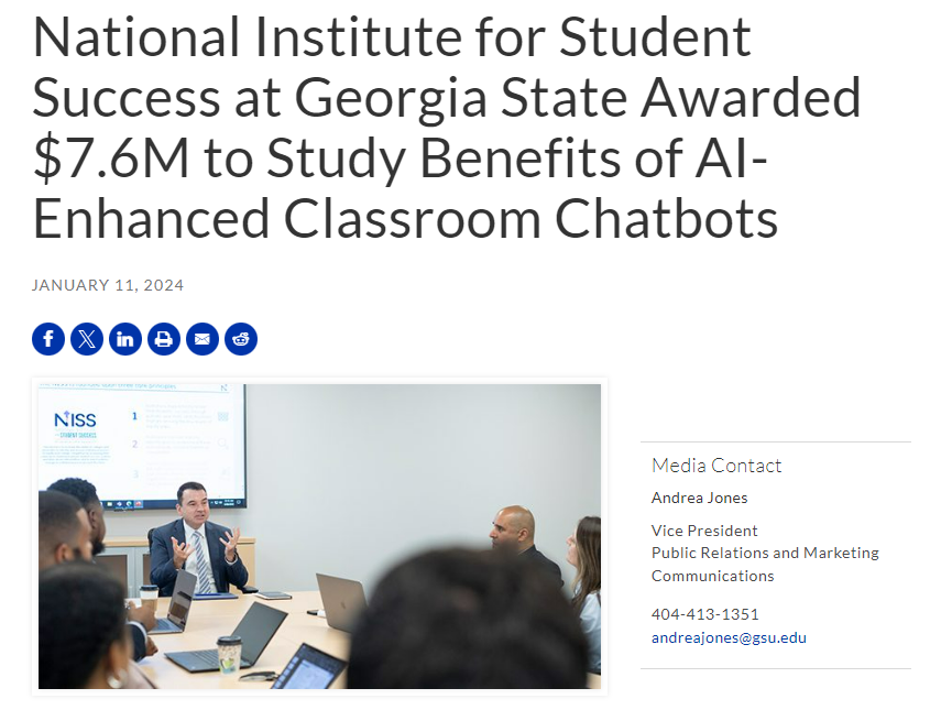 Annenberg prof @linzcpage is leading some exciting work in partnership with the team at GSU's National Institute for Student Success scaling course-specific chatbots to additional academic subjects, students and campus contexts! news.gsu.edu/2024/01/11/nat…