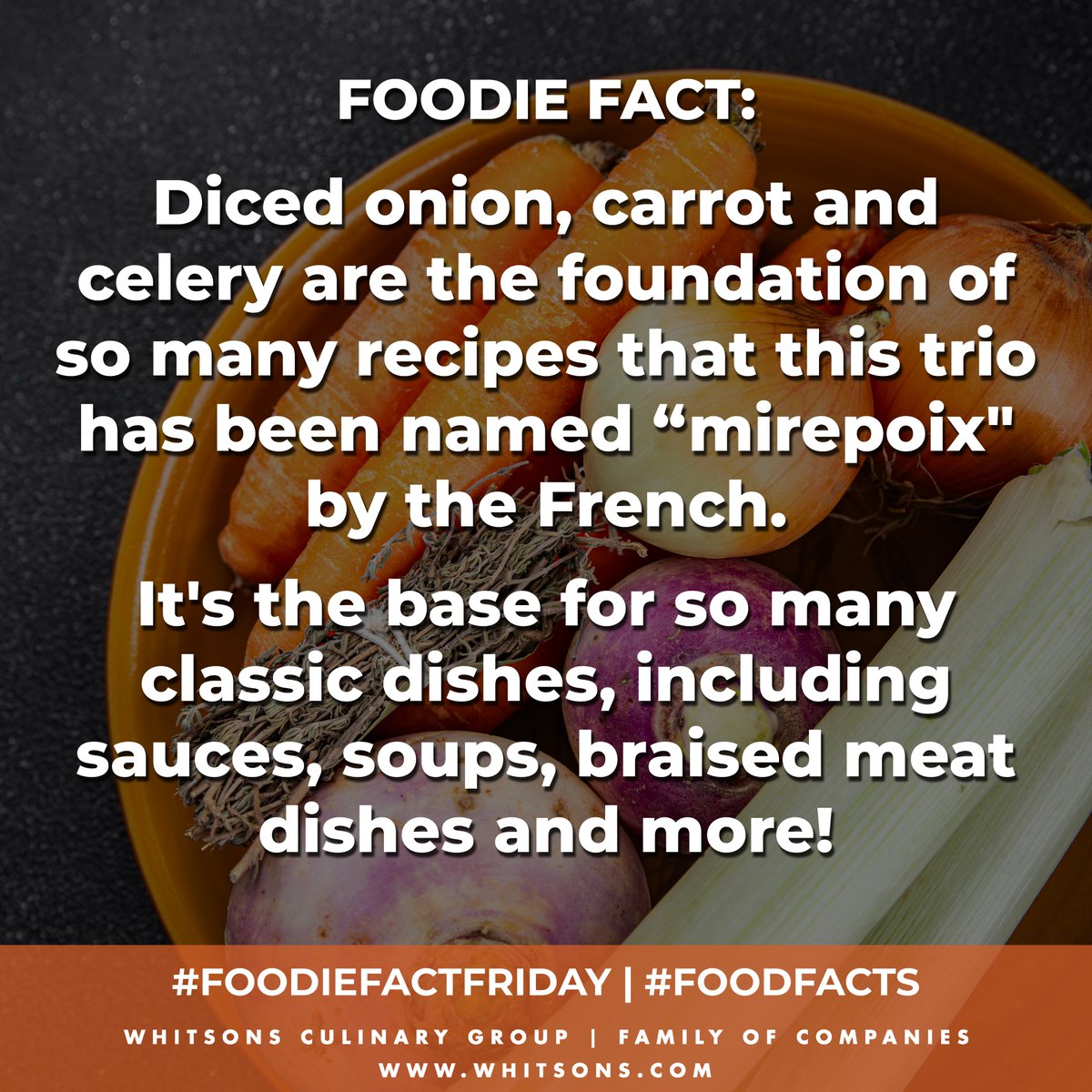 Foodie Fact:  Did you know that diced onion, carrot and celery are the foundation of so many recipes that this trio has been named “mirepoix" by the French? It's the base for so many classic dishes, including sauces, soups, braised meat dishes and more!