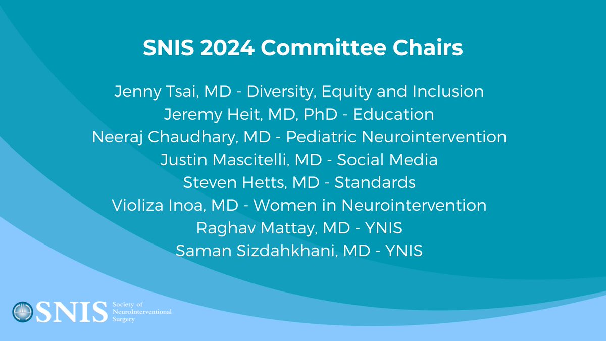 SNIS would like to recognize the following members who will be taking a leadership role in the below Committees. Thank you for your commitment and we look forward to a great year! @JPTsaiMD @JeremyHeitMDPHD @NIR_ChaudharyMD @jmascite @InoaVioliza @RaghavMattay @DoctorSiz