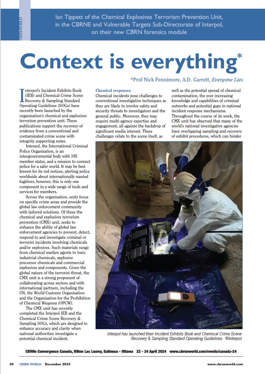 Check out this month's CBRNE World Magazine 📖 featuring our CMX team!  

The article focuses on the launch of our new Incident Exhibits Book &amp; Chemical Crime Scene Recovery &amp; Sampling Standard Operating Guidelines.   

Subscribe for free to read more:  cbrneworld.com/magazine