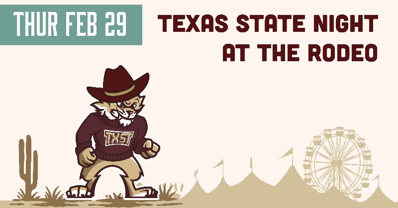 txstatealumni's tweet photo. Let's rodeo, Bobcats! 🤠 It's time to throw on your boots and saddle up! You're invited to show your Bobcat Pride at @rodeohouston on February 29. Texas State Alumni group tickets can be purchased until January 31. Visit our website for the link and promo code!