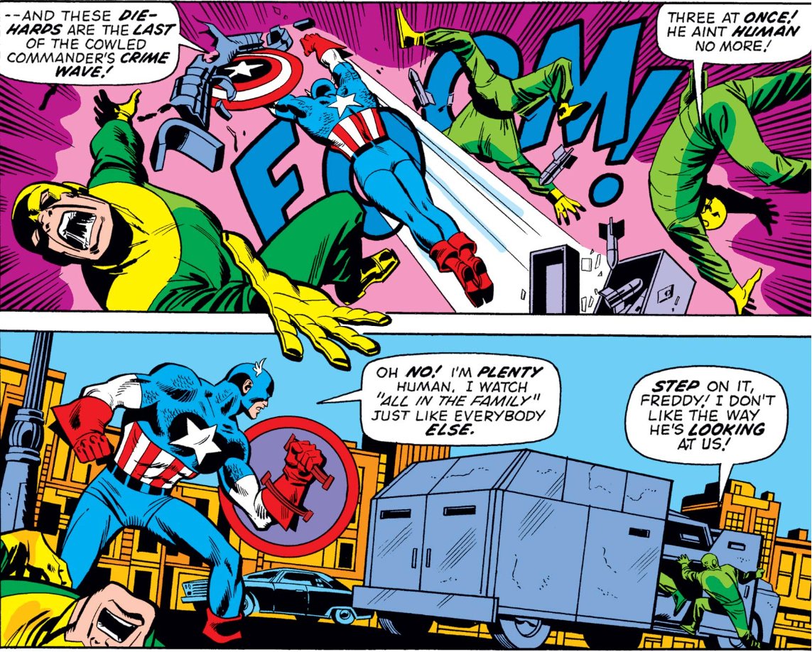 MarvelADay's tweet photo. #MarvelADay #Cap160
I love this action shot of Cap smashing through the goons, using his patented "Friends Of Ol' Marvel" attack. Sal's really channeling his inner Kirby with this kind of dynamic action.
JH https://t.co/mkNEBun0JY