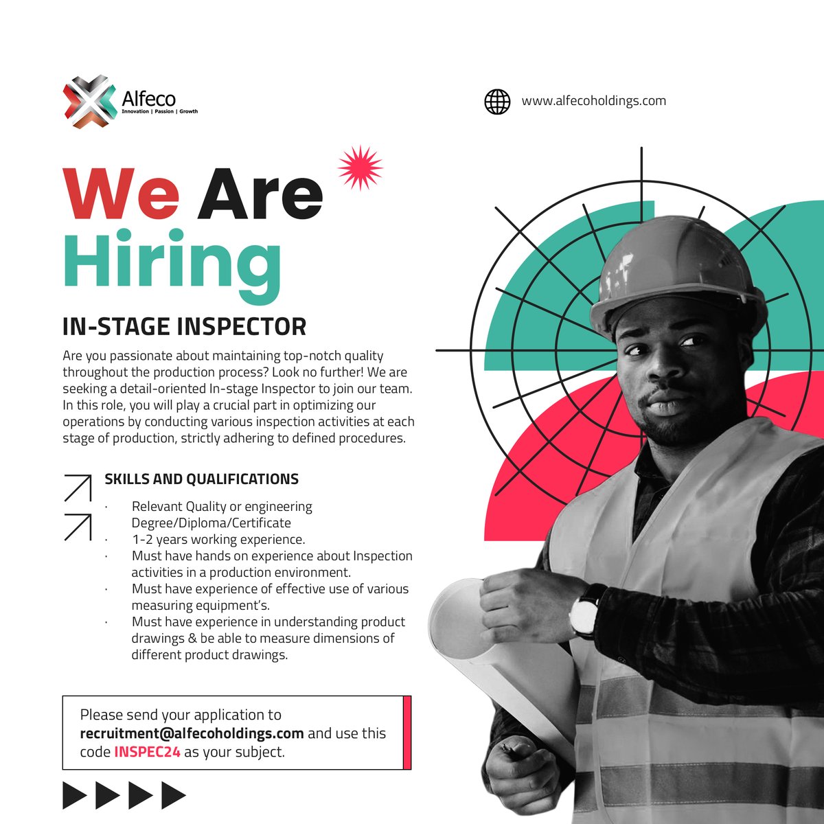 AlfecoSA's tweet photo. We Are Hiring!!! Apply today and spread the word! Please send your application to recruitment@alfecoholdings.com and use the code In-stage Inspector- INSPEC24  as your subject #JobSeekersSA  #Alfecoholdings visit our website   https://t.co/6PCIk5qqSS https://t.co/1YzVj0yJYi
