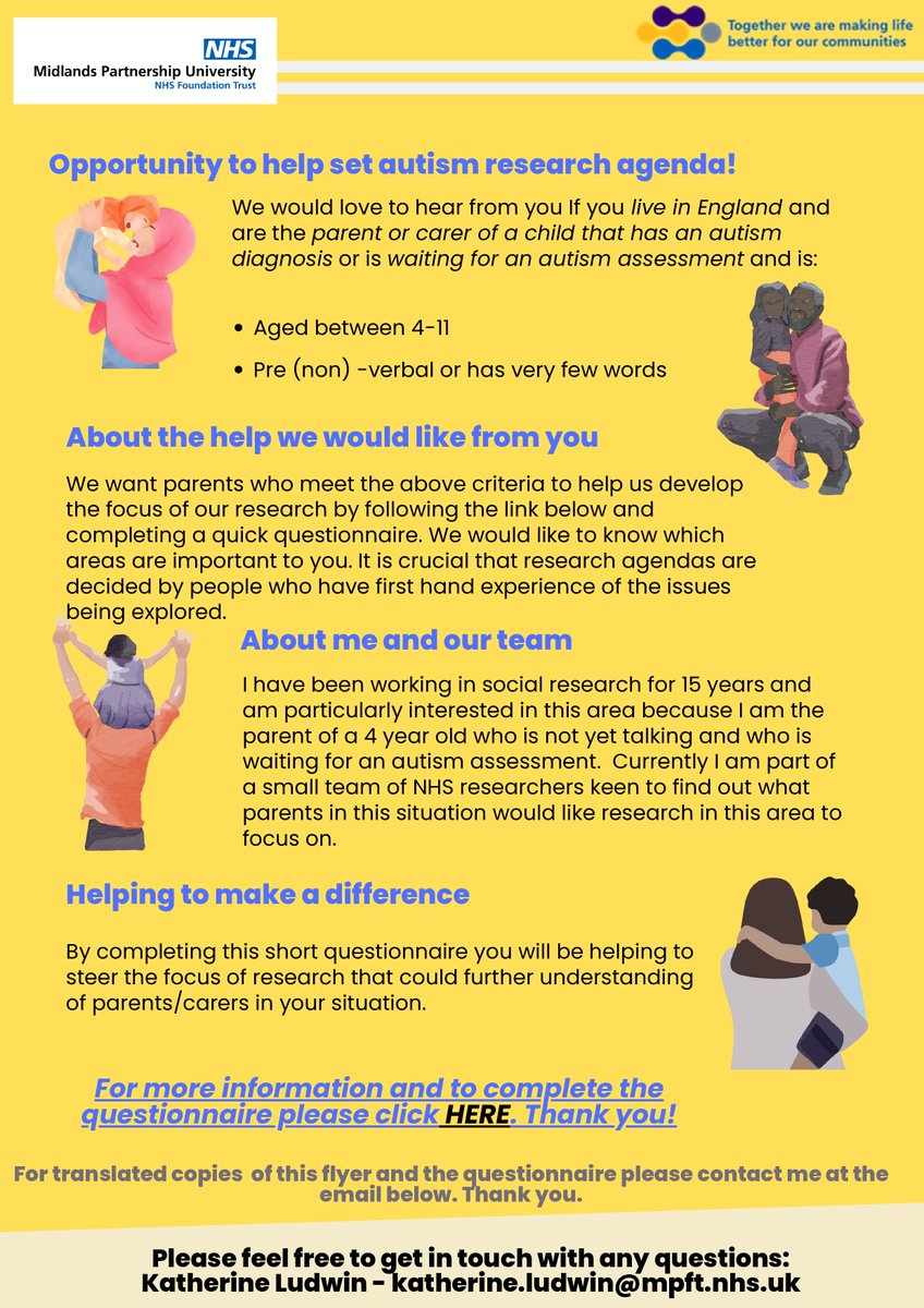 Opportunity to help set autism research agenda🙂

We want parents who meet the criteria to help us develop the focus of our research by completing a quick questionnaire: forms.office.com/Pages/Response…

Please see the attached poster for more information and contact details!