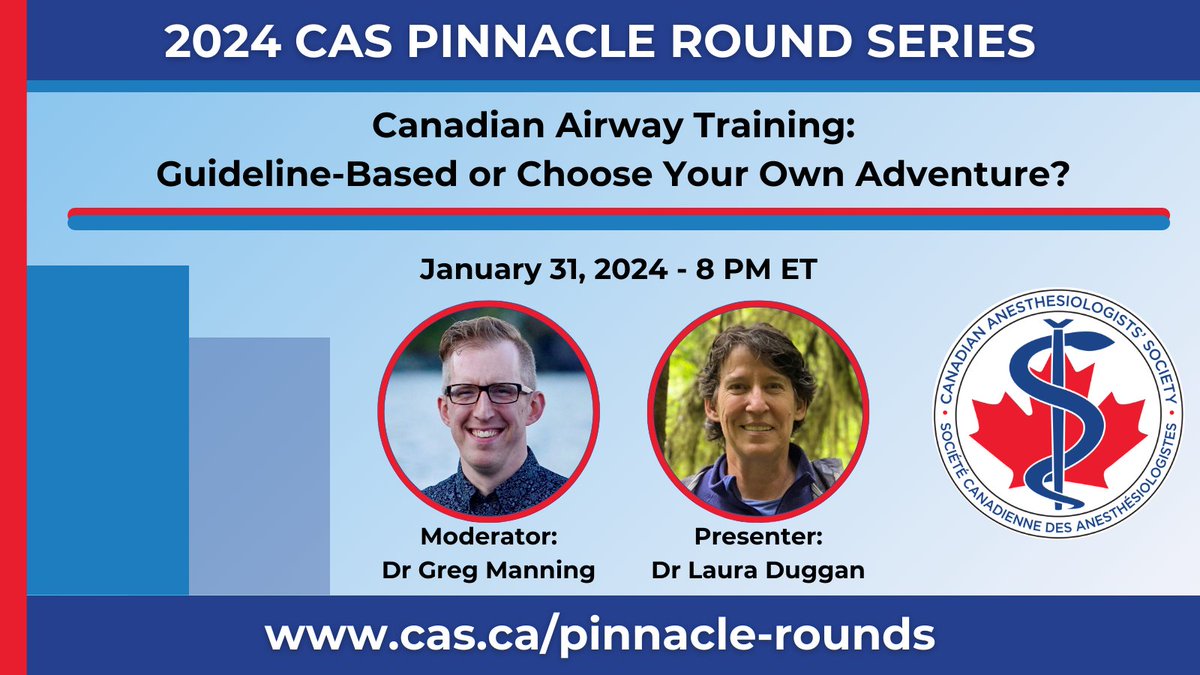 NEW! CAS presents a member-exclusive education program - CAS Pinnacle Rounds: Celebrating National Anesthesia Education. The series kicks off on January 31 with 'Canadian Airway Training: Guideline-based or choose your own adventure?' Full details - cas.ca/pinnacle-rounds