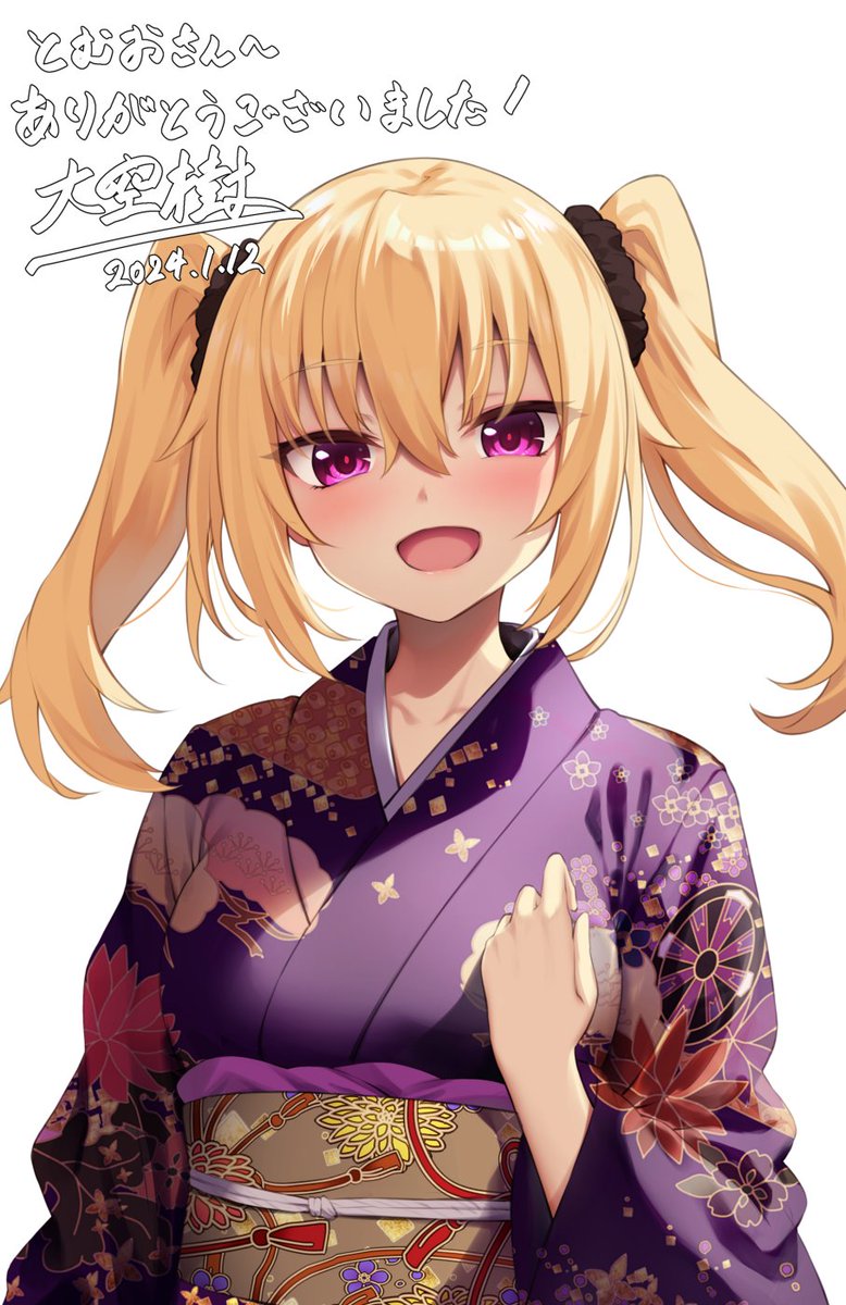 1girl solo japanese clothes blonde hair twintails kimono purple kimono  illustration images