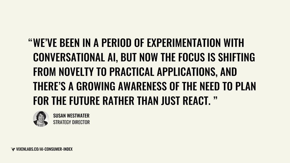 Vixen Labs 🦊 (@vixen_labs) on Twitter photo "We’ve been in a period of experimentation with #ConversationalAI... now the focus is changing from novelty to practical applications."
<a href="/SJW75/">Susan Westwater</a>, one of the experts behind the #AIConsumerIndex, explores how to respond to the AI boon in our latest blog.
vixenlabs.co/six-insights-f… "We’ve been in a period of experimentation with #ConversationalAI... now the focus is changing from novelty to practical applications."
<a href="/SJW75/">Susan Westwater</a>, one of the experts behind the #AIConsumerIndex, explores how to respond to the AI boon in our latest blog.
vixenlabs.co/six-insights-f…
