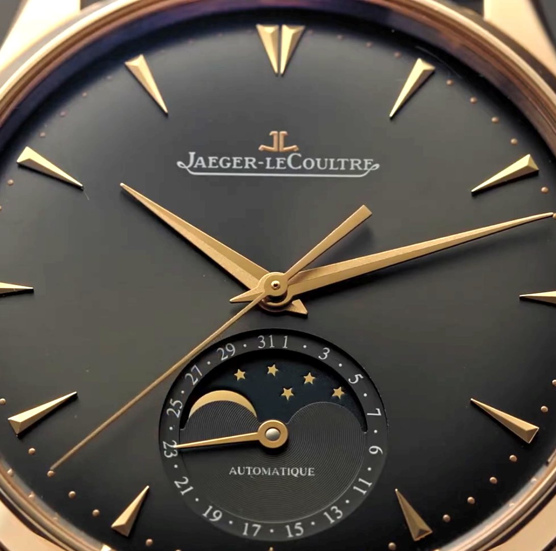 The Jaeger-LeCoultre Master Ultra Thin Moon 136255J ~ Functions: Date – Moon Phase ~ Case: 39mm – Rose Gold – 9.3mm Thick ~ Water Resistance: 50M ~ Movement ( Calibre 925) 70-Hour Power Reserve –Automatic–28,800 vph Frequency – 30 Jewels ~ MSRP: £11,400