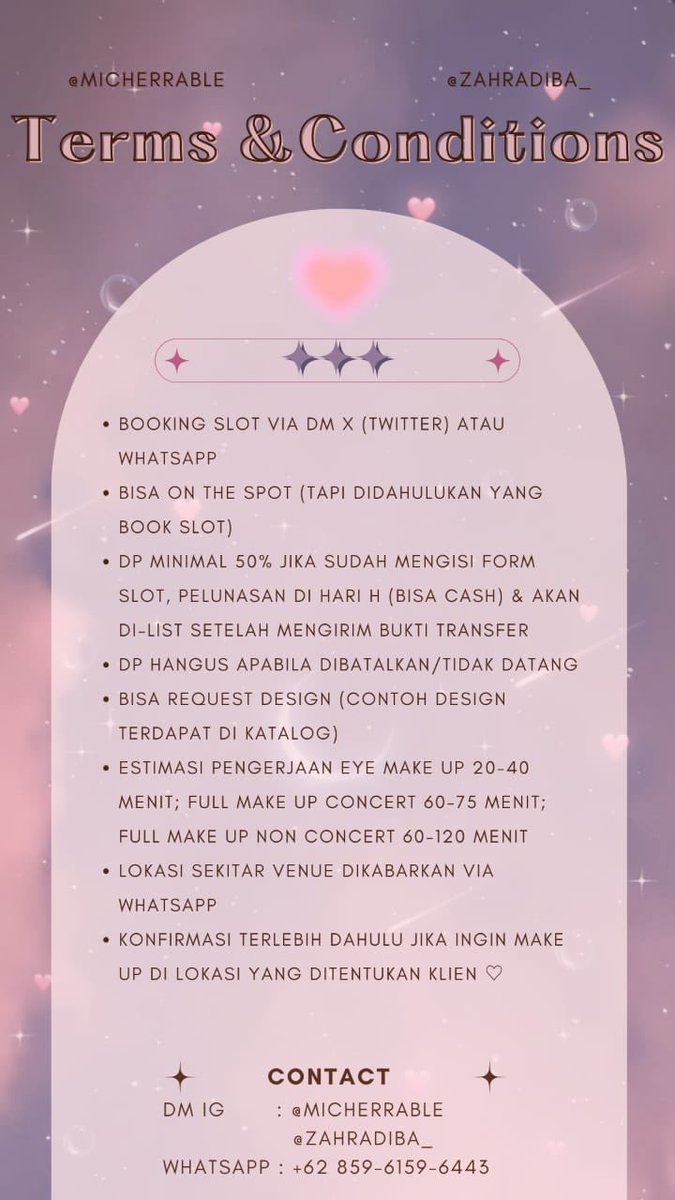 micherrable's tweet photo. 🌸— open slot jasa eye makeup by micherrable✨

📆; 13 - 14 Jan 2023
🕘; 08.00-13.00
📍; Indonesia Arena, Senayan

DM/WA for more info!🩷😆

t. wts wtb ; konser nct ; affordable ; murah #jasaeyemakeup #hairdo #NCT127_NEOCITY_THE_UNITY #NEOCITY_THE_UNITY_JAKARTA #THEUNITYINJAKARTA https://t.co/AfmCIjzjJ3