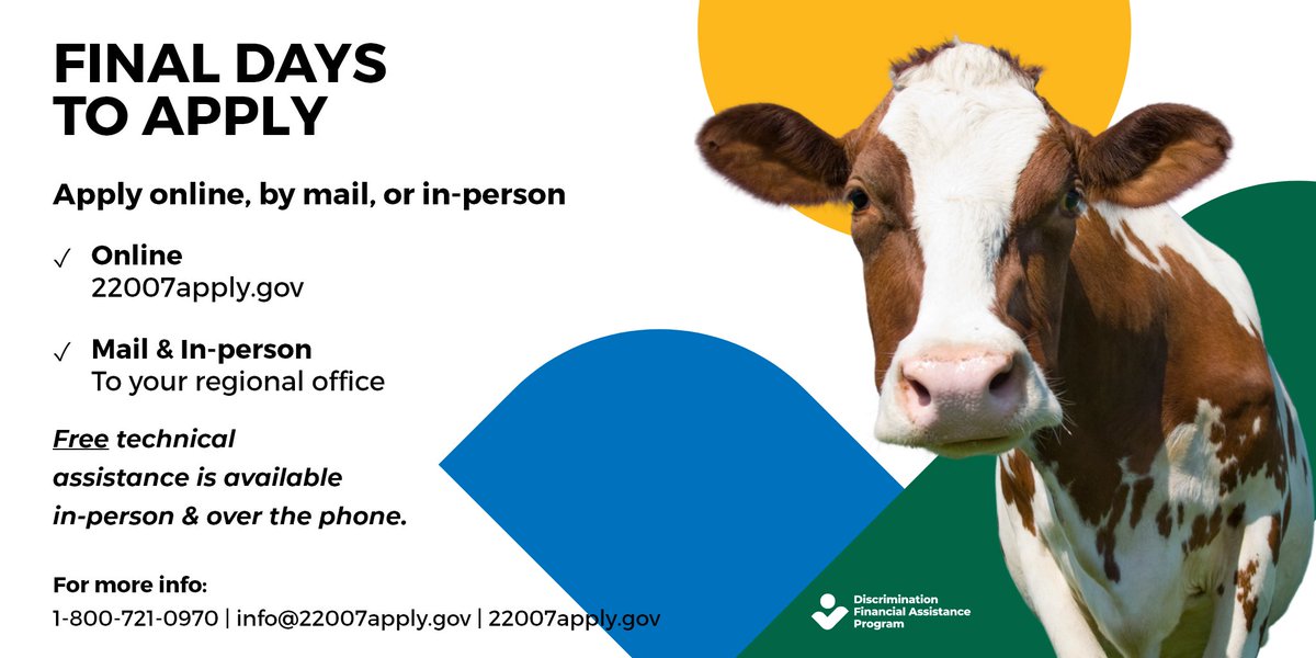 Final Days To Apply!! Free technical assistance is available in-person &amp; over the phone.

#USDA #Farmers #Ranchers #22007apply #IRA22007 #farmlendassist #DFAP #agriculture #agriculturelife #agriculturalproducts #farm #farming #farminglife #farming365 #ranch #ranchinglife