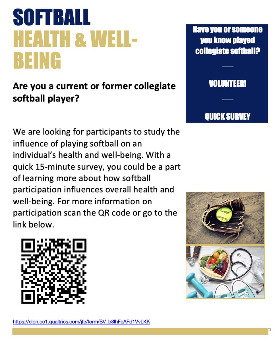 We are still seeking volunteers to participant in research on health and wellness among softball players: 18+ year old current and former collegiate softball players are eligible. Contact: martinlc@unc.edu or svallabhajosula@elon.edu with questions elon.co1.qualtrics.com/jfe/form/SV_b8…