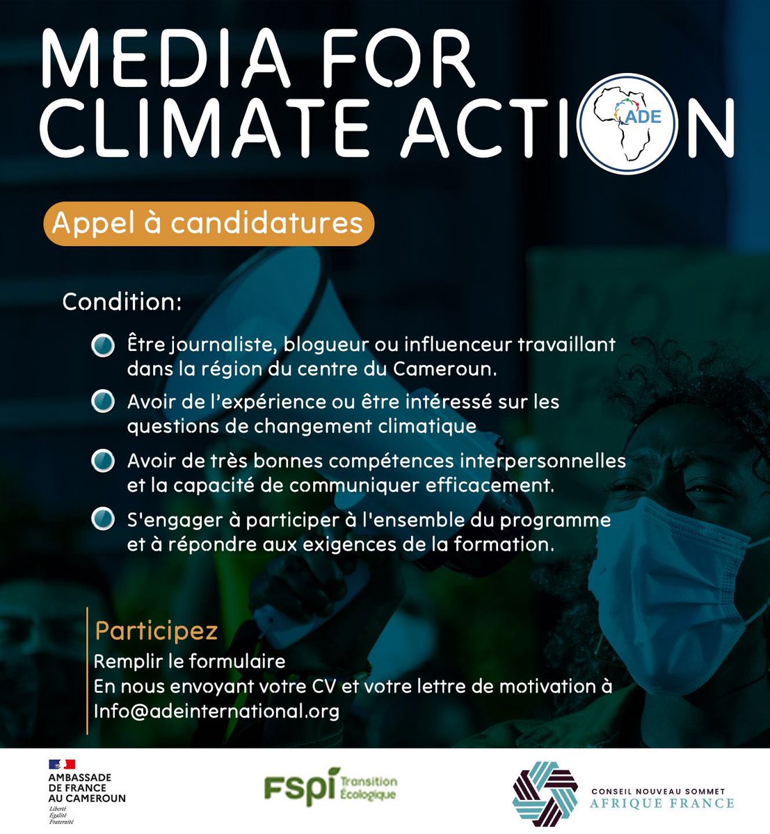 It is official📢🥳

The project « Media for Climate Action » 🪴🌱by Actions for Development and Empowerment (ADE), under a grant from <a href="/FSPITransEco/">FSPI Transition Écologique</a>, co-constructed between <a href="/FRauCameroun/">France au Cameroun 🇫🇷🇪🇺</a> &amp; @CNSAF, ADE is officially launching a call for journalists, bloggers and influencers.