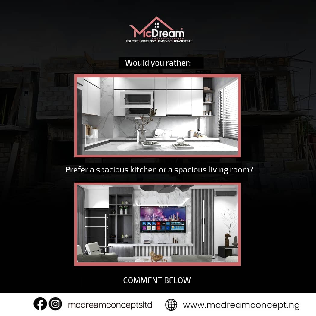 Spacious Kitchen or Living Room? 
Make your move with US NOW 

#AbujaRealEstate #AbujaHomes #RealEstateAbuja #AbujaProperty
#KanoRealEstate #KanoHomes #CityOfCommerce #RealEstateKano #KanoProperties
#LokojaRealEstate #LokojaHomes 
#KadunaRealEstate #KadunaHomes #CentreOfLearning