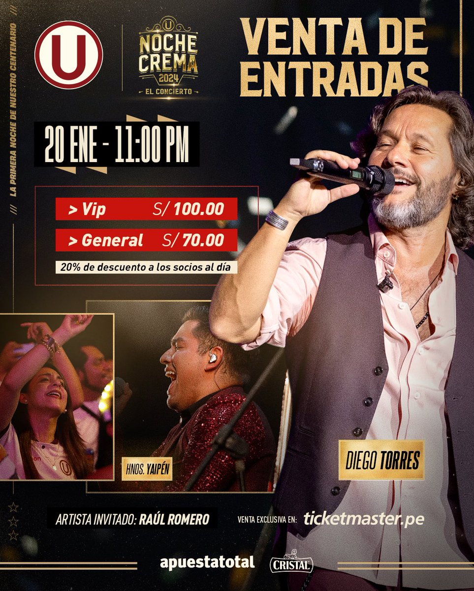 Universitario's tweet photo. 🎤 𝗦𝗨́𝗠𝗔𝗧𝗘 𝗔 𝗟𝗔 𝗙𝗜𝗘𝗦𝗧𝗔 𝗗𝗘𝗟 𝗖𝗔𝗠𝗣𝗘𝗢́𝗡 🎸

Este sábado 20 de enero, no te puedes perder el concierto de la Noche Crema 2️⃣0️⃣2️⃣4️⃣.

🎟️ Adquiere tus entradas aquí ▶️ https://t.co/QWF6wpcxrt

#Los100DelÚnicoGrande https://t.co/eInvKNUgWm