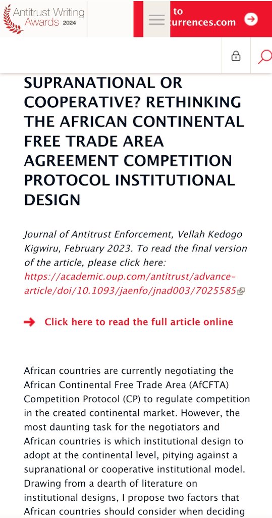 Happy new year.
I am pleased to let you know that my article “Supranational or cooperative? Rethinking the African Continental Free Trade Area Agreement Competition Protocol institutional design” has been selected for the 2024 Antitrust Writing Awards, organized by Concurrences