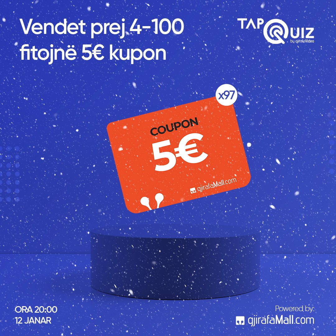 Nëse je prej 4-100 sonte në TapQuiz nuk del pa fituar 🔥

⛔️ Regjistrohu TANI 👉🏻 gj.al/tapquiz-12-01-…

‼️ Quizi fillon në ora 20:00