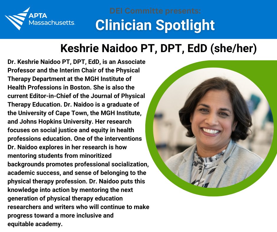 Celebrating Mentorship Month and spotlighting a well deserved member. ⭐ Dr. Naidoo is not only an outstanding mentor to students and colleagues, but is working towards optimizing the mentorship experience for PT students and young professionals.  #APTAMAproud