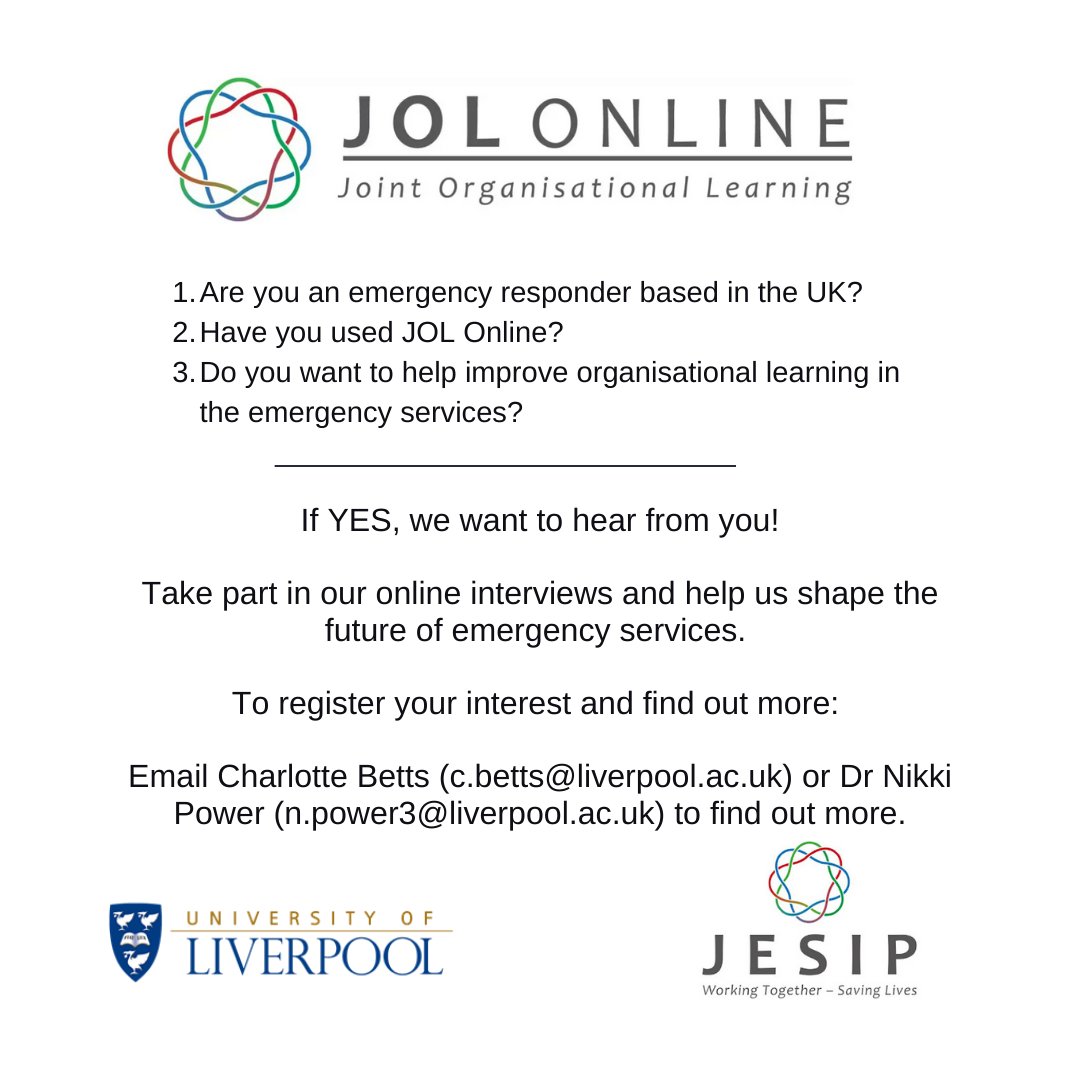 drnikkipower's tweet photo. 🌟Are you a UK emergency responder?
🌟Have you used JOL Online?
🌟Do you want to help improve organisational learning?
Take part in our online interviews and help us shape the future of emergency services @jesip999 🚒🚔🚑
Click below for further details 👇
https://t.co/49jwhKdfGM https://t.co/u6iRyg8lYG