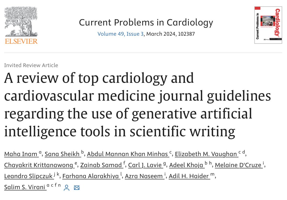 The world of AI is undergoing rapid advancements within the scientific community. To stay updated w this progress, we present our paper on top cardiology journal guidelines regarding the use of #GenerativeAI in scientific writing! authors.elsevier.com/a/1iOreXGgSeOq8
<a href="/virani_md/">Salim Virani</a> <a href="/ResearchAKU/">Research at AKU</a>