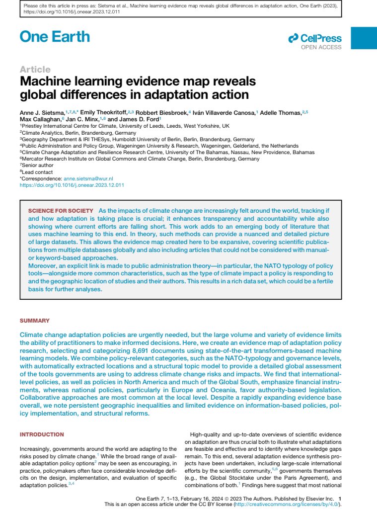 Can we use machine learning methods to identify the tools governments use to adapt to #climate #change? New paper led by @SietsmaAnne in @OneEarth_CP gives some answers: sciencedirect.com/science/articl…