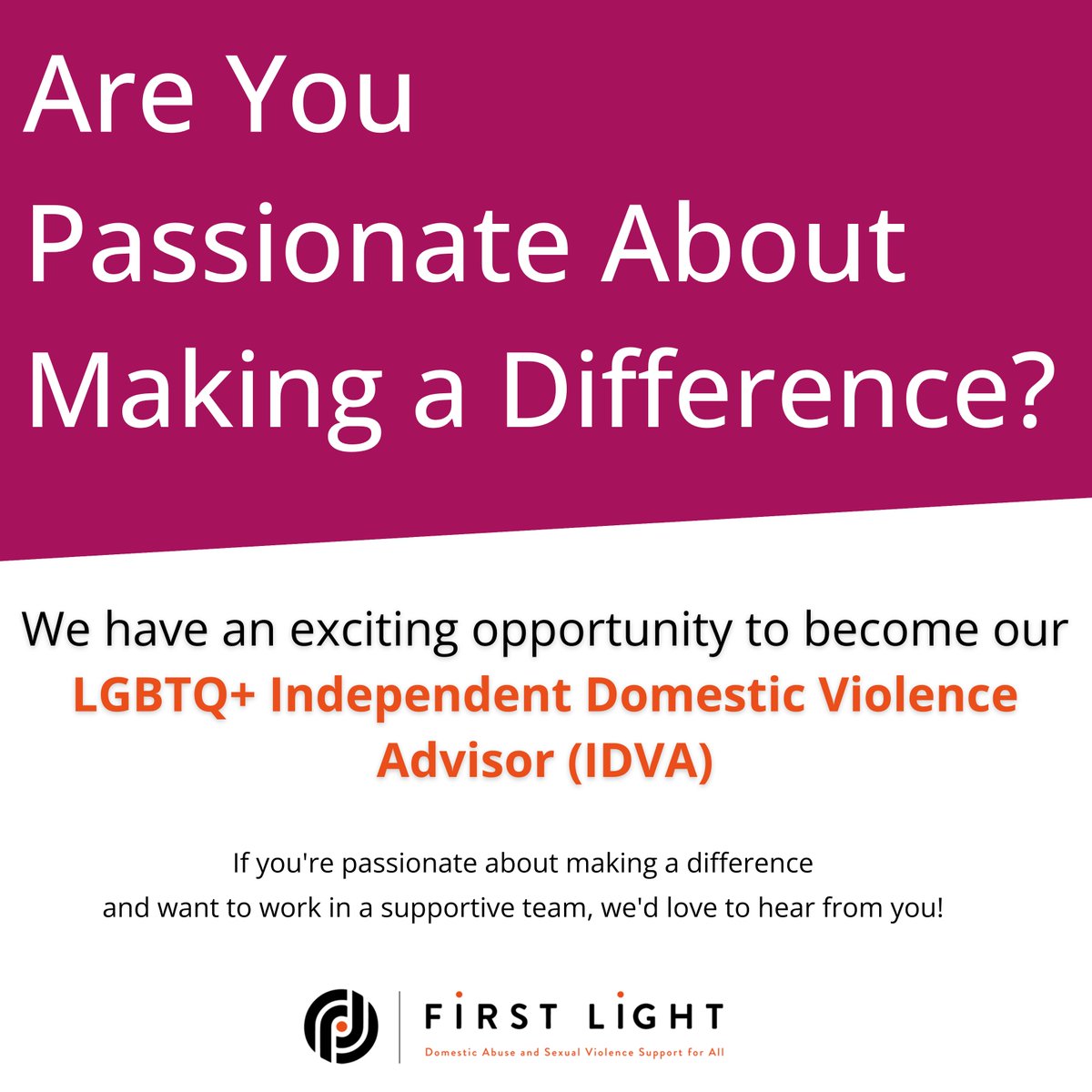 FirstLightSW's tweet image. We have an exciting opportunity to become our LGBTQ+ Independent Domestic Violence Advisor (IDVA).

If you're passionate about making a difference, we'd love to hear from you!
firstlight.org.uk/jobs/lgtbqi-in…

#Vacancy #jobopportunities #Devonjobs #cornwalljobs #Plymouth #Cornwall