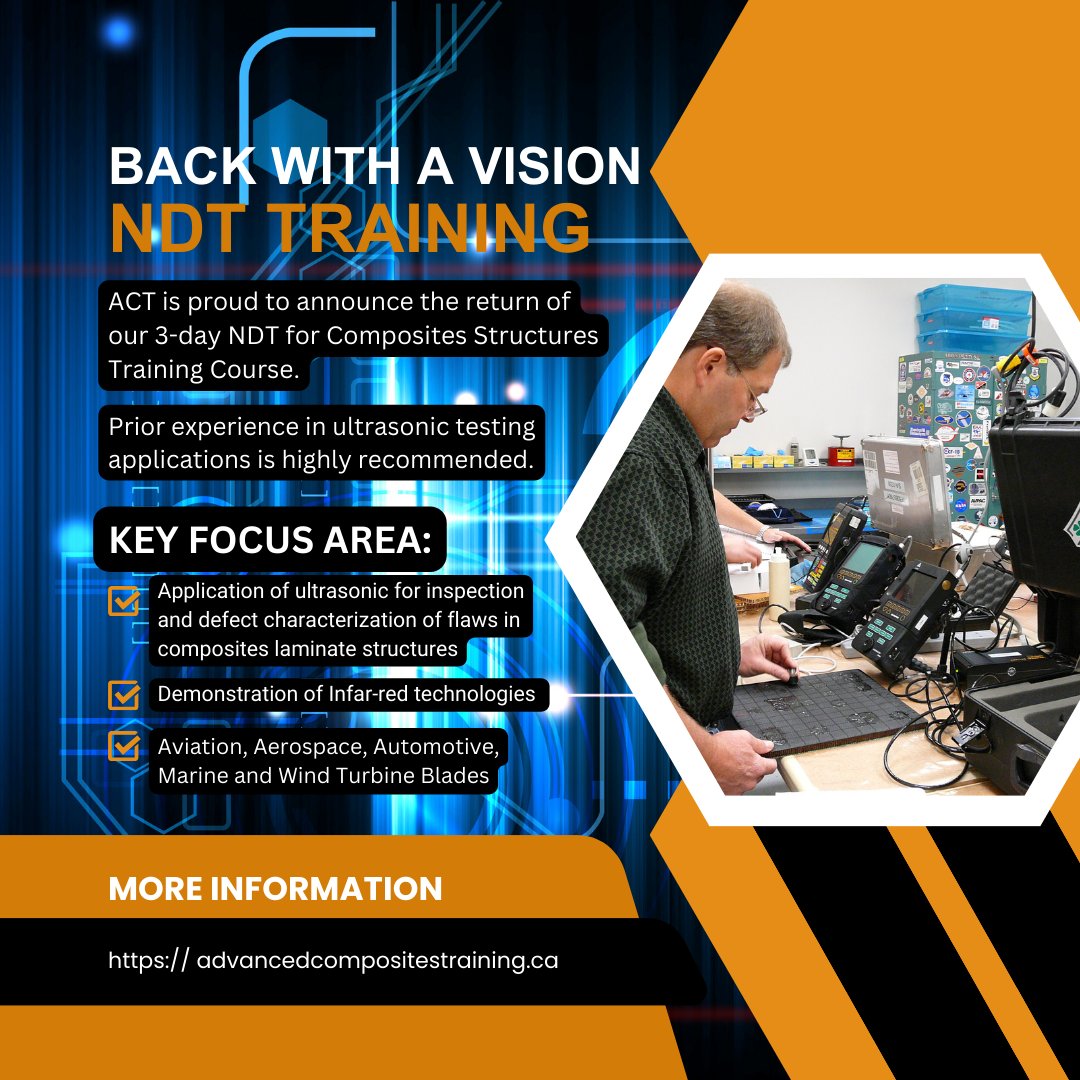 ACTComposites's tweet photo. Exciting news!

Our highly sought-after 3-day NDI/NDT For Composites Structures course is making a comeback.

Visit our website for details on prerequisites and application procedures. Mark your calendars for March 19 - 21, 2024, and secure your spot early, as seating is limited. https://t.co/UoAIla5qYh