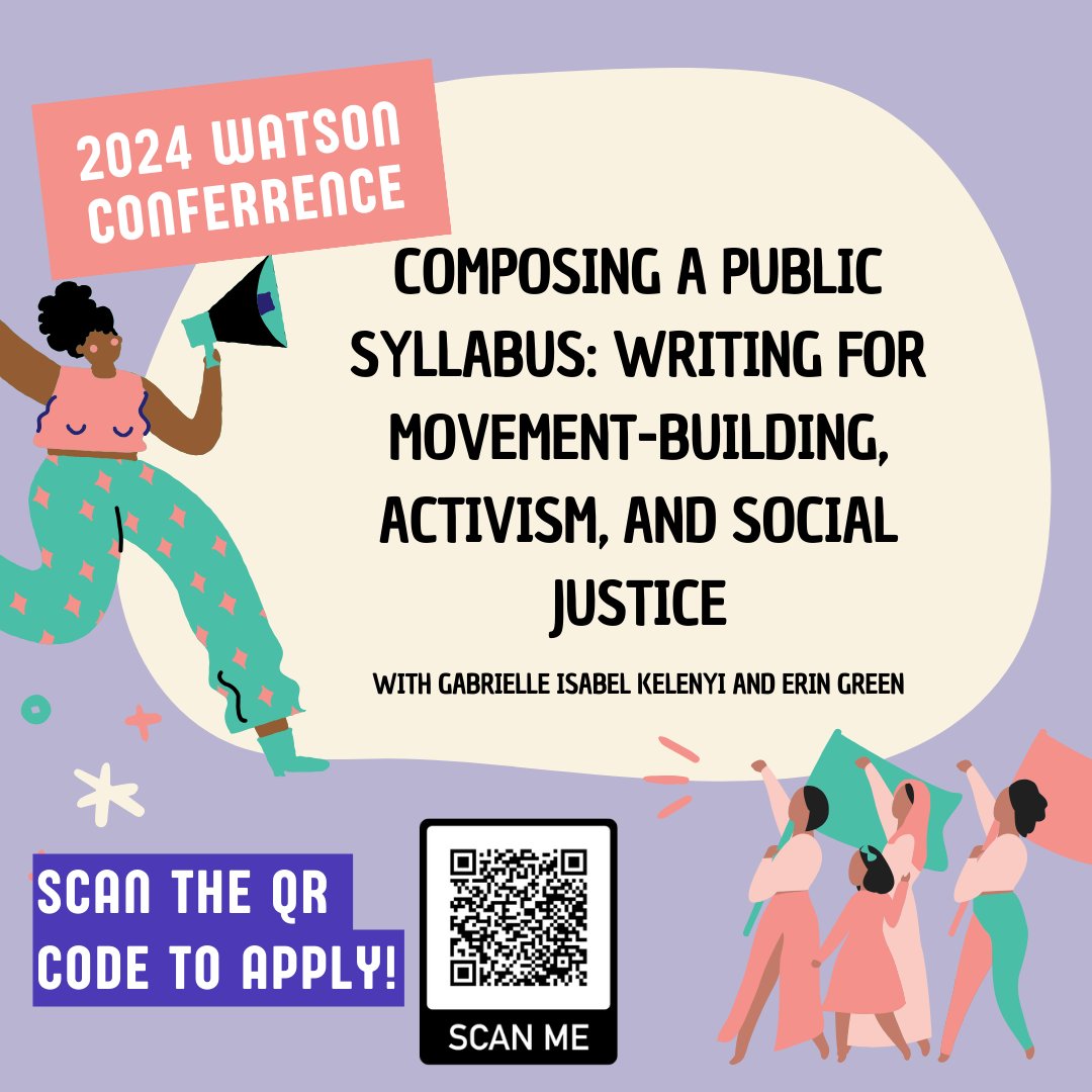 Hi #rhetcomp #teamrhetoric #writingstudies #communitywriting
Gabbi (@thegeeness) and I are facilitating a collaborative project for the 2024 Watson Conference on Rhetoric & Composition about public syllabi! QR code contains a detailed abstract/proposal. Deadline to apply: Jan 21!