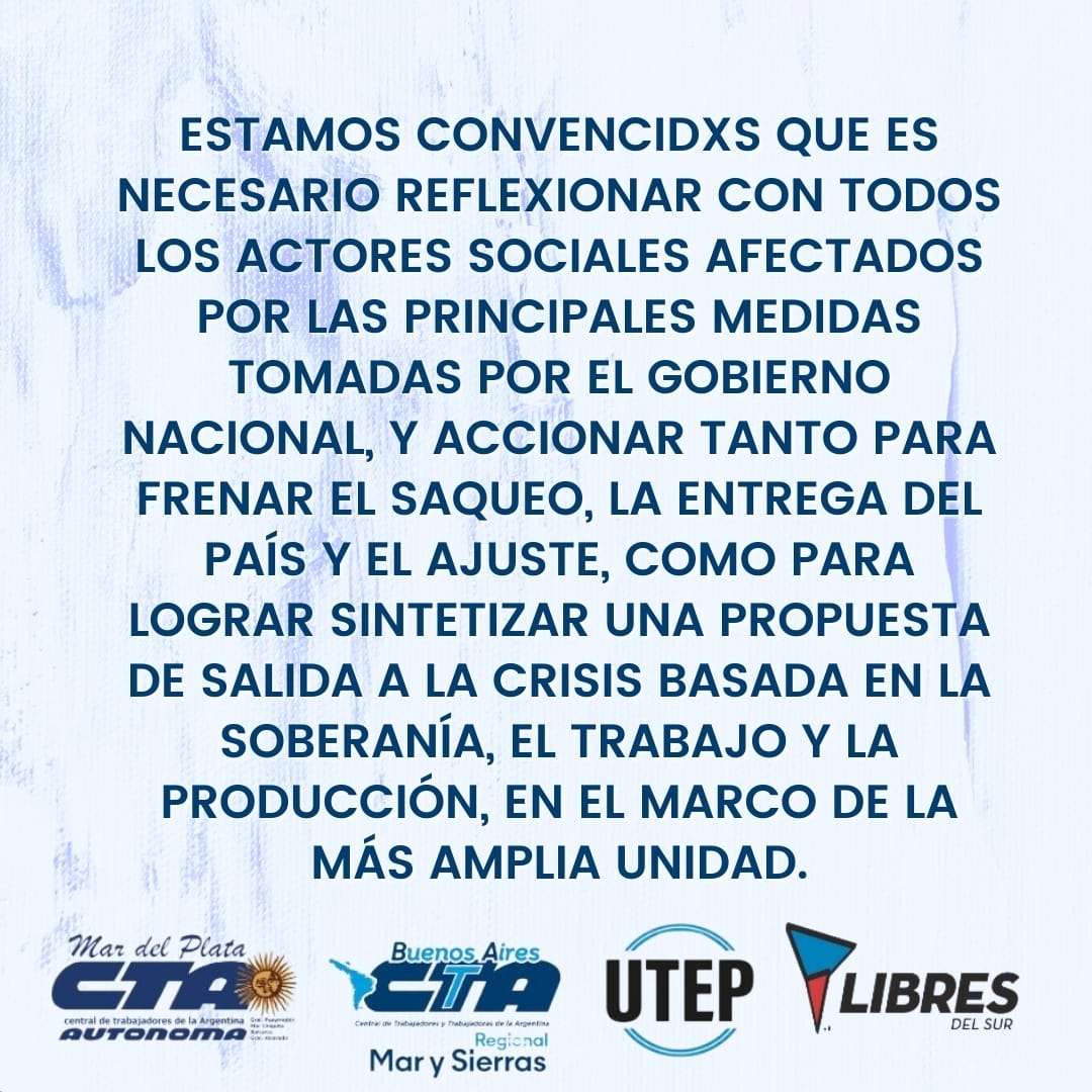 #PlenarioDeLaMilitancia | Viernes 12/01 - 18hs. 
25 de Mayo y Olazabal - Sindicato de Luz y Fuerza Mar del Plata
Te esperamos. 

¡Unidad de lxs trabajadorxs!
instagram.com/p/C2ATJ6ir40o/…