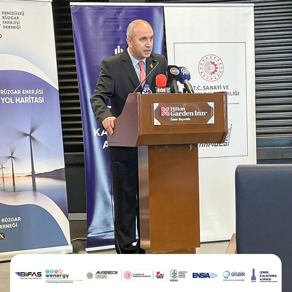 Marentechexpo's tweet photo. "Denizüstü Rüzgar Enerjisi Türkiye Yol Haritası" ve "Denizüstü Rüzgar Enerjisi Sanayi Envanteri",  İzmir Valisi Sayın Süleyman Elban, GİSBİR Temsilcisi Ferhat Acuner, DÜRED Yönetim Kurulu Başkanı Dr.Murat Durak ve ENSİA YKB. Alper Kalaycı katılımları ile tanıldı. https://t.co/ZnFwFmeYT1