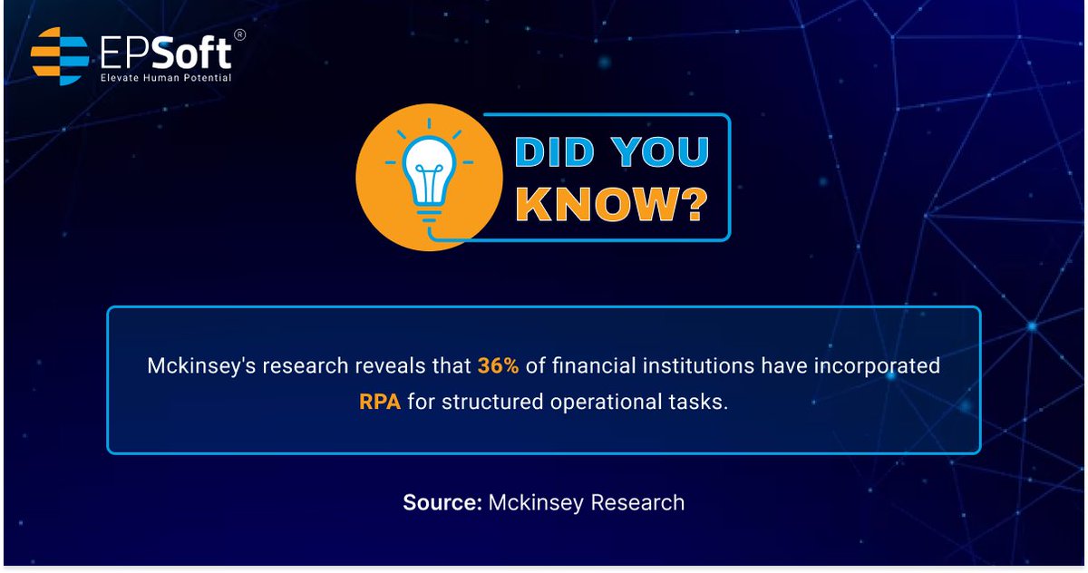 EPSoftHQ's tweet photo. RPA increases operational efficiency and enables banks to allocate human resources to more strategic and value-added activities.

#FridayFacts #RPA #Automation #ArtificialIntelligence #EPSoft https://t.co/p57ZGmcxTr