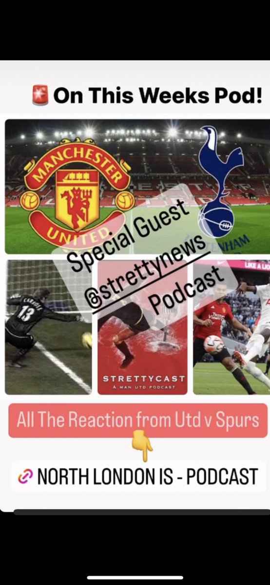 NorthLondonIs's tweet photo. 🚨On This Week’s Pod @jules3371 &amp; @Pez78 are joined by @ODonnellDale  from the @StrettyNews and @Strettycast as they review Manchester Untied v Spurs and talk all things Utd! 

Plenty of Banter &amp; Strong Opinions 🔥

DON’T MISS IT! 👀 https://t.co/5tiln98uFg