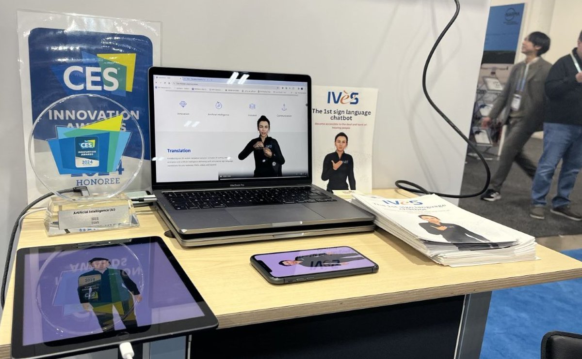 Niji_Digital's tweet image. [#CES2024byNiji] L'#accessibilité en mode solution avec le #chatbot IRIS conçu par le Groupe #IVès 🇫🇷, plateforme de conversation totale qui simplifie la communication en langue des signes. Possibilité d'interagir en temps réel avec l'avatar.