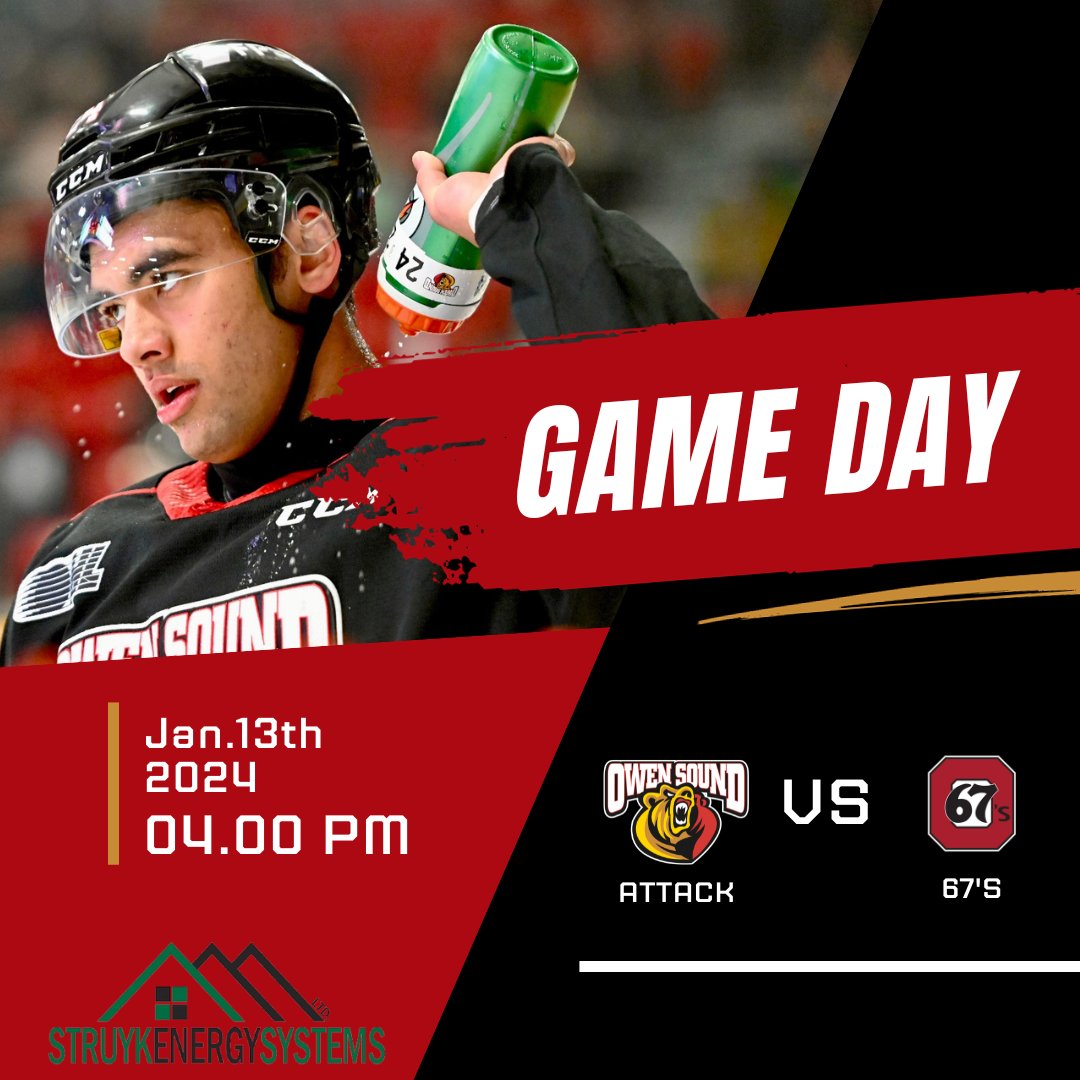 AttackOHL's tweet photo. Welcome to the Bear's Den Ottawa
π @ott67s
β° 4:00pm
π±@AttackOHL on Twitter, Facebook, and Instagram
π₯Stream on CHL TV
#FueledbytheRoar #AttackVs67s #GoAttack #OwenSoundAttack #Gameday #AttackHockey https://t.co/OIX44eAmOW