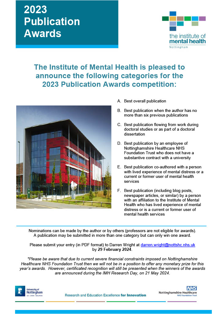 We are now accepting entries for our annual Publication Awards, highlighting the best publications of 2023. The Awards aim to celebrate and promote work in the fields of mental health or learning disability. For more info, visit the IMH Website link below lnkd.in/dX-vNQd4