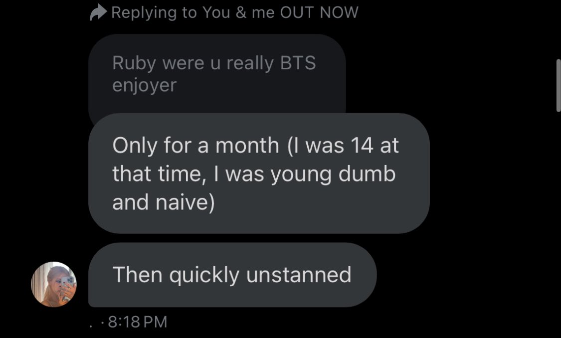 yeahIisa's tweet photo. since we are exposing blinks today here is a ss of @/Iovesickruby4_ admitting to being an army from her priv acc (@/Ristired_4) https://t.co/OctijByJaG