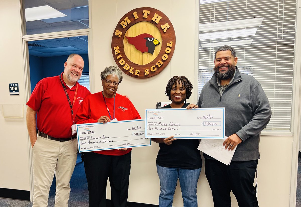 Smitha Middle School (@smithacardinals) on Twitter photo Congratulations to Nurse Adams and Ms. Cleckley for their winning grants from CobbEMC! Special thanks to <a href="/cobbemc/">Cobb EMC</a> <a href="/CobbEMCEdu/">Cobb EMC Education</a> and Mr. Tiko Jones for their continued support of public educators, Smitha MS, and <a href="/CobbSchools/">Cobb County Schools</a> Congratulations to Nurse Adams and Ms. Cleckley for their winning grants from CobbEMC! Special thanks to <a href="/cobbemc/">Cobb EMC</a> <a href="/CobbEMCEdu/">Cobb EMC Education</a> and Mr. Tiko Jones for their continued support of public educators, Smitha MS, and <a href="/CobbSchools/">Cobb County Schools</a>