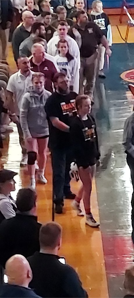 MilanSchoolCorp's tweet photo. Kayla Roell entering the gym at today's girls wrestling State Championships. Goodluck Kayla!!  #weRmilan https://t.co/NVqqcOiKhq