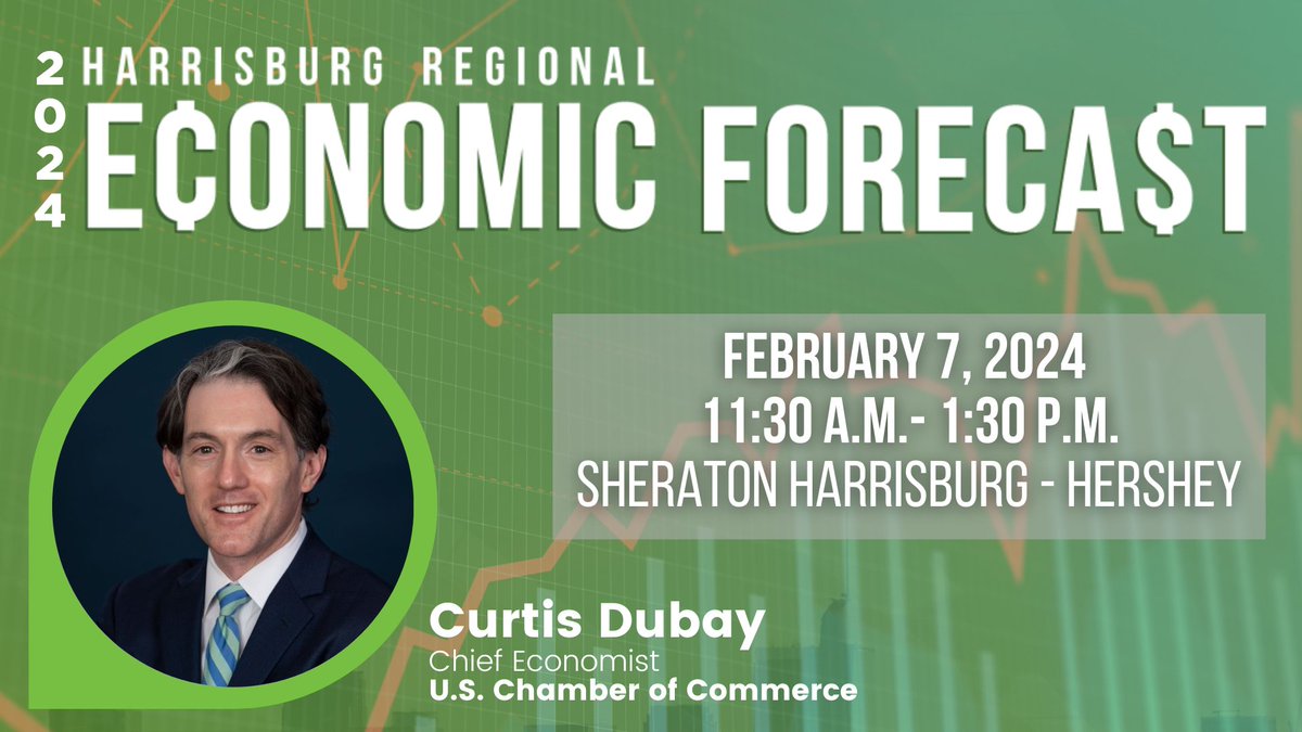 Join us on Feb. 7, 2024, 11:30 a.m. - 1:30 p.m. at Sheraton Harrisburg-Hershey for the 2024 Harrisburg Regional Economic Forecast. Enjoy a formal luncheon and keynote by <a href="/CurtisDubay/">Curtis Dubay</a>, Chief Economist at the <a href="/USChamber/">U.S. Chamber</a> 

bit.ly/41XR3vH