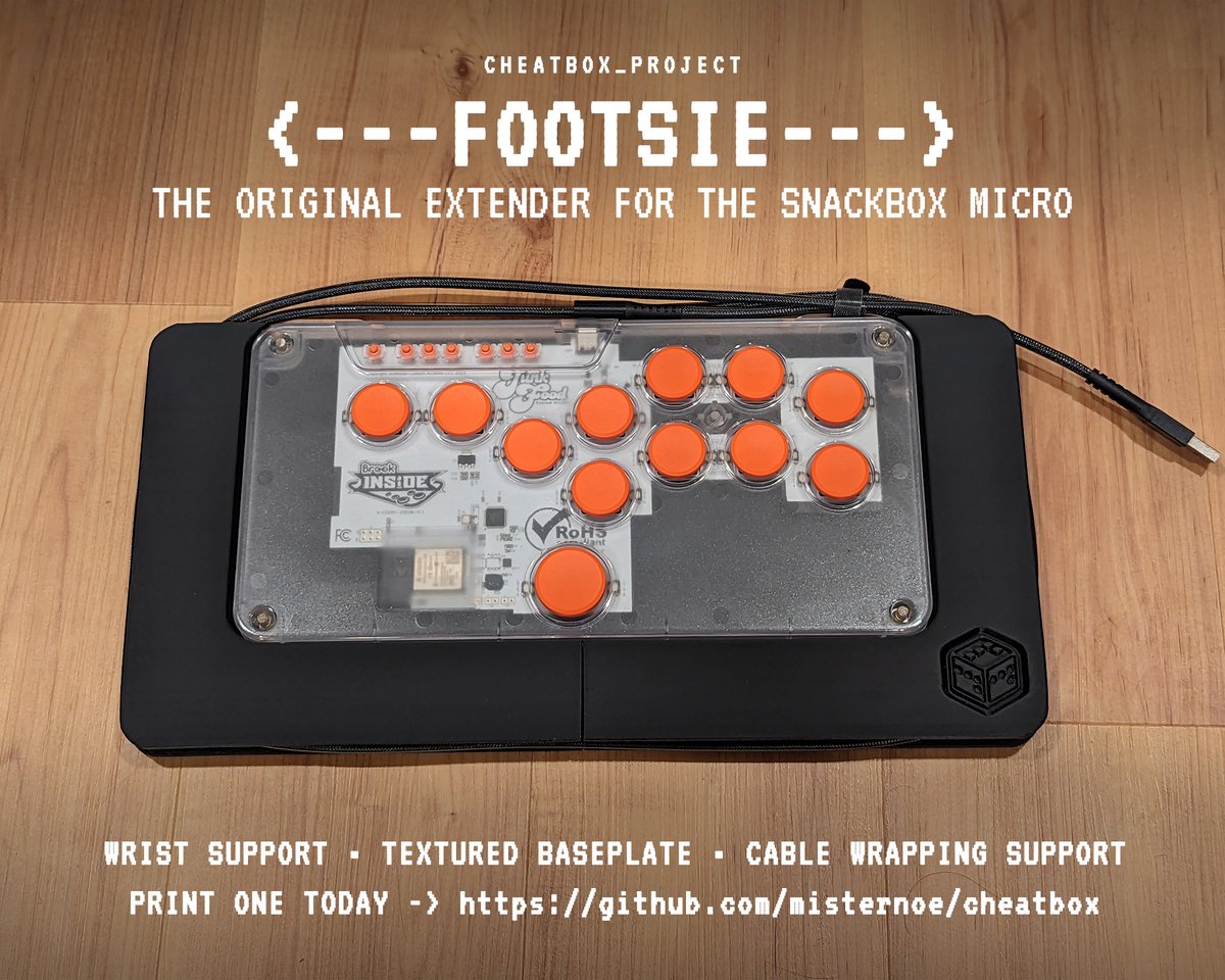 Tiny FOOTSIE drop on the shop! Be sure you get the correct size! cheatboxproject.etsy.com 
Have access to a 3D printer? .STLs available at github.com/misternoe/chea… #FightStickFriday #snackboxmicro
